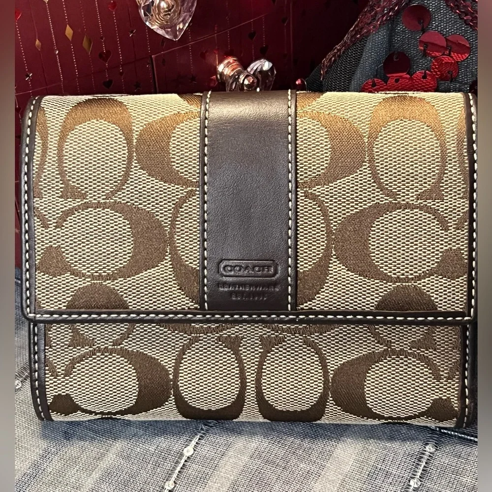 Coach 1941 Leatherwear Tan Canvas and Brown Leather Signature C Tri Fold Wallet